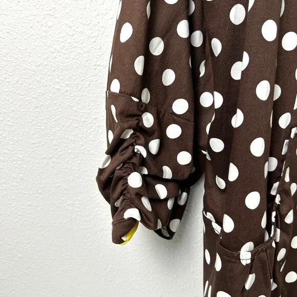 Susan Graver Sateen Jacket Size 3X Brown White Polka Dot Ruched Sleeve Pockets - Picture 3 of 16